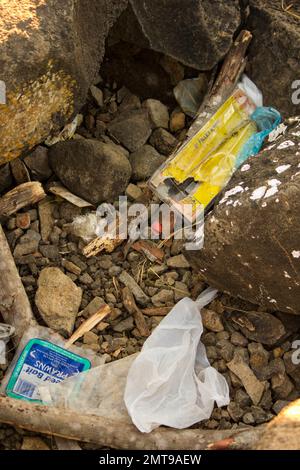 Litter including fishing line left at a popular fishing spot.Burnett Heads Australia. Stock Photo