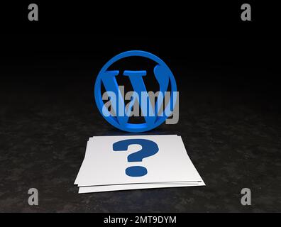 A 3d rendering of the blue WordPress Logo and a question mark sign on the white paper Stock Photo