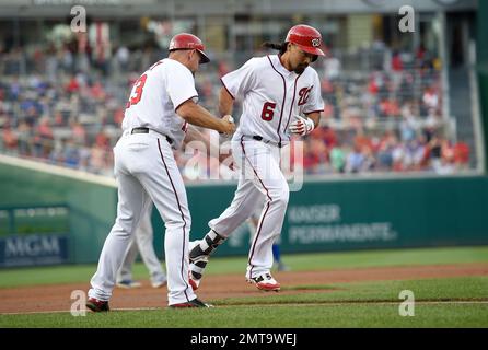 WASHINGTON, DC - MAY 16: Washington Nationals third baseman Anthony Rendon  (6) in the dugout after a home run in the first inning during a MLB game  between the Washington Nationals and