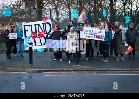 Manchester, UK. 01st Feb, 2023. Teachers take to the picket lines around Greater Manchester. Thousands of members from the National Education Union (NEU) take to the picket lines due to the government's years of pay cuts and not increasing salaries to align with inflation. Credit: Andy Barton/Alamy Live News Stock Photo