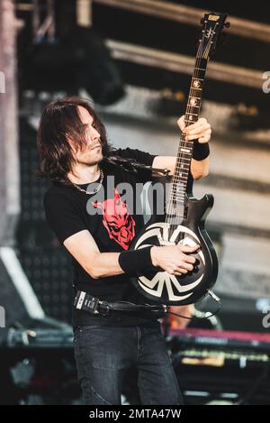 STADIO OLIMPICO, TURIN, ITALY: Vince Pastano, guitarist of the Italian rocker Vasco Rossi, performing live on stage for the “LIVE KOM” tour Stock Photo