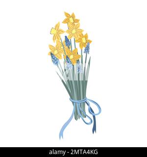 Spring blossoming yellow daffodils and blue hyacinths , springtime blooming muscari and narcissus flowers bouquet, vector isolated illustration Stock Vector