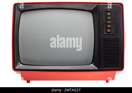 Vintage red CRT TV receiver isolated on white background Stock Photo