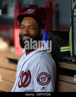 Washington Nationals Brian Goodwin (R) celebrates with Bryce Harper (L)  after hitting a solo home run against the Chicago Cubs in the ninth inning  at Wrigley Field on August 6, 2017 in