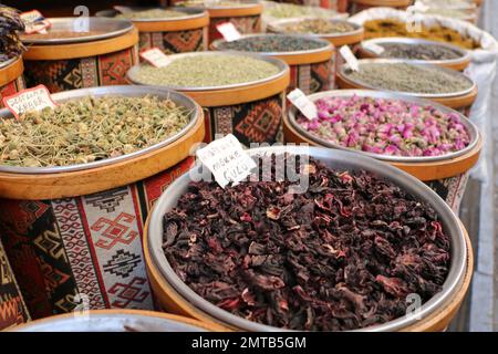 Gaziantep, Turkey- Nov 4, 2022: Herbal store in Gaziantep province. Touristic destination. All kinds of herbals in spice bazaar. Selective focus on th Stock Photo