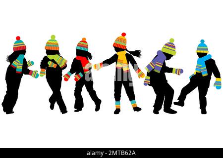 Children silhouettes having fun in winter cold weather clothing with colored scarves, hats and mittens Stock Vector