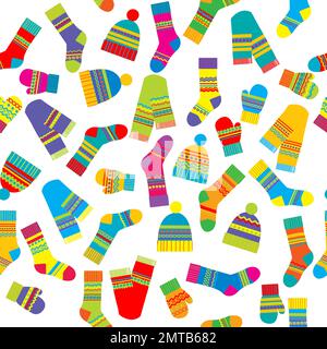 Colorful seamless pattern of winter accessories hats, scarves, mittens and socks on white background Stock Vector