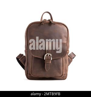 Fashion accessory. Brown leather modern urban backpack isolated on white background Stock Photo