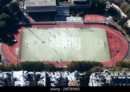 A birds eye view of Émile Anthoine Stadium taken from the Eiffel Tower in Paris, France. Stock Photo