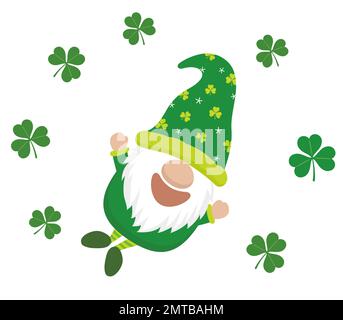 Vector St. Patricks Day Symbol Character With A Happy Smile And Shamrock Leaves Around Him Isolated On A White Background. Stock Vector