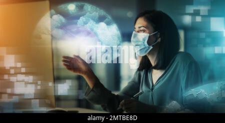 Businesswoman, hologram and digital transformation with mask in medical healthcare at night in double exposure. Female employee working with big data Stock Photo