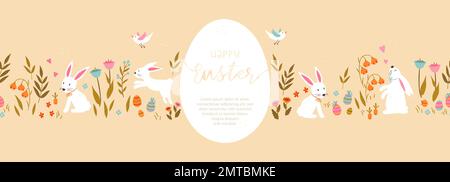 Cute hand drawn Easter horizontal seamless pattern with bunnies, flowers, easter eggs, beautiful background, great for Easter Cards, banner, textiles, Stock Vector