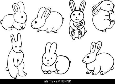 White rabbits - collection of elements 2023 year symbol. Zodiac New Year. Doodle cartoonish animals. Sketch art Stock Vector