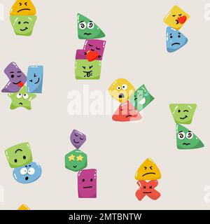 Cute seamless pattern with emoji and abstract geometric shapes in memphis style. Trendy vector background in white, blue, yellow and red colors Stock Vector