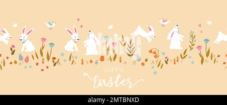 Cute hand drawn Easter horizontal seamless pattern with bunnies, flowers, easter eggs, beautiful background, great for Easter Cards, banner, textiles, Stock Vector