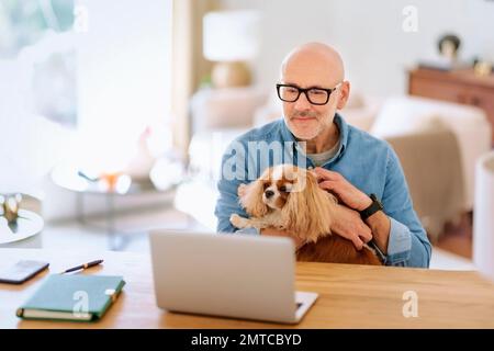 Thinking middle aged man using laptop and having video call while working from home. Confident male sitting at table with her cute puppy.   Home offic Stock Photo