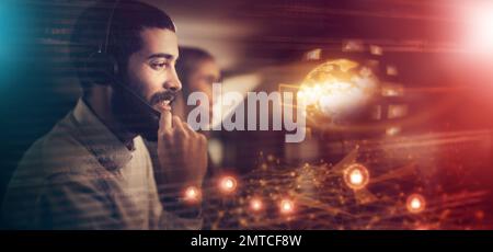 Call center, customer service and hologram overlay with a man consultant working on global ai for support. Contact, 3d and futuristic world with a Stock Photo