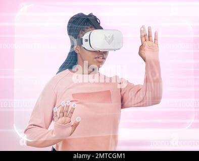 Digital, gaming and vr with black woman and 3d hologram for future, cyber or metaverse. Media, ui and technology with gamer for ux interface Stock Photo