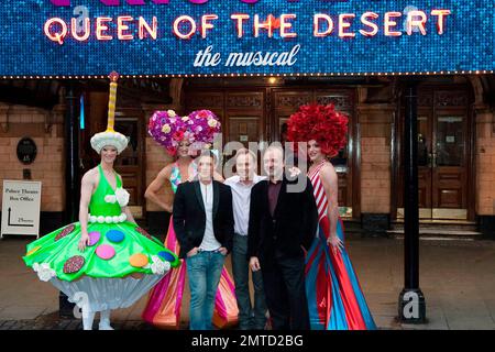 (L-R) Oliver Thornton, Jason Donovan and John Bowe pose with flamboyantly costumed cast members of ÒPriscilla Queen of the Desert - The MusicalÓ to celebrate the shows one-year anniversary at the Palace Theatre in the West End. London, UK. 03/23/10.     . Stock Photo