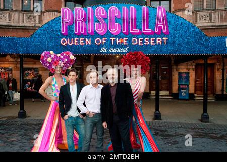 (L-R) Oliver Thornton, Jason Donovan and John Bowe pose with flamboyantly costumed cast members of ÒPriscilla Queen of the Desert - The MusicalÓ to celebrate the shows one-year anniversary at the Palace Theatre in the West End. London, UK. 03/23/10.     . Stock Photo