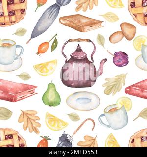 Seamless autumn pattern with hand drawn teapot, umbrella, plum pie, mushrooms, pear, leaves and book clipart. Old style ornament for wrapping paper, t Stock Photo