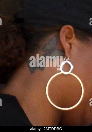EXCLUSIVE Queen Latifah shows off the butterfly tattoos behind her ear as  she has lunch with a friend at Prime 112 During the meal the two enjoyed  drinks and she sampled her