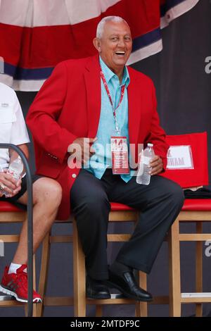 Former MLB player Dave Concepcion throws the ceremonial first pitch before  a baseball game between the Miami Marlins and the Detroit Tigers, Saturday,  July 29, 2023, in Miami. (AP Photo/Marta Lavandier Stock