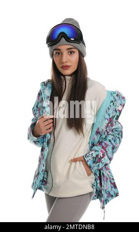 Woman wearing stylish winter sport clothes on white background Stock Photo