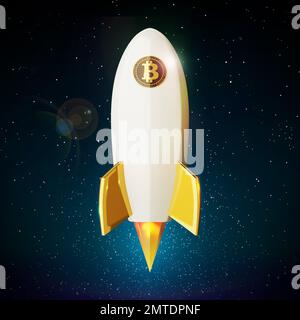 'To the moon' symbol of bitcoin rising up. Rocket with BTC in the universe. 3D render illustration. Stock Photo