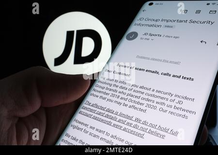 JD Sports email to the customer warning about company's data leak and cyber security issue. Authentic email. Stock Photo