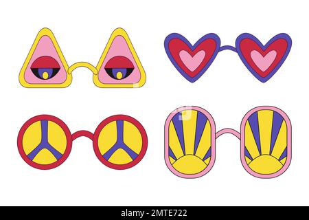 Acid rave y2k sunglasses set. Eyes heart peace sun groovy sunglasses in retro hippie style. 1970 trippy vinyage eyewear. Psychedelic retro icons stickers. Vector illustration. Stock Vector