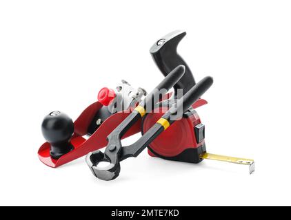 Set of modern carpenter's tools isolated on white Stock Photo