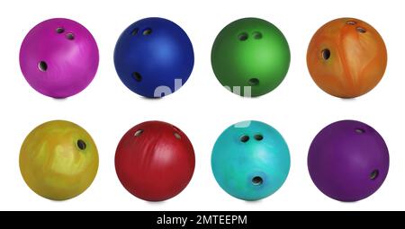 Set of bright bowling balls on white background Stock Photo