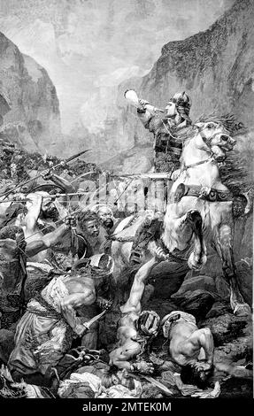 The Battle of Roncevaux Pas, Roncesvalle in 778 saw a large force of Basques ambush a part of Charlemagne's army in Roncevaux Pass, a high mountain pass in the Pyrenees on the present border between France and Spain. Here Roland, Hruodland, died 15 August 778, he was a Frankish military leader Stock Photo