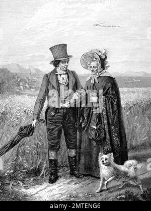 ealking couple in the times of The Biedermeier period, an era in Central Europe between 1815 and 1848 Stock Photo