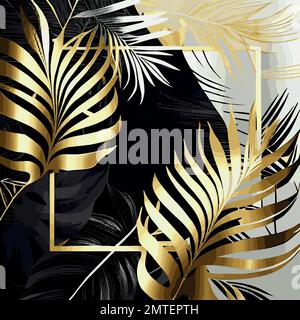 Golden palm leaves on white and black marble background, template, postcard - Vector illustration Stock Vector