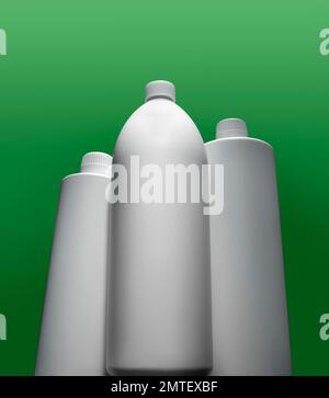 Three plastic bottles on green color background. Clipping path Stock Photo