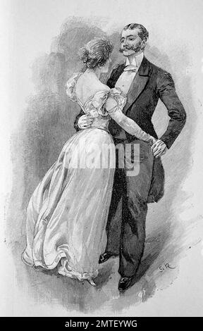 couple dancing Viennese Waltz, historic illustration, woodcut Stock Photo