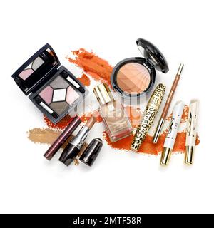 Barcelona- Spain- Circa August 2021. Illustrative set of known makeup brands in a luxury,set. Dior, Estee Lauder, HR, Anayake,YSL Stock Photo