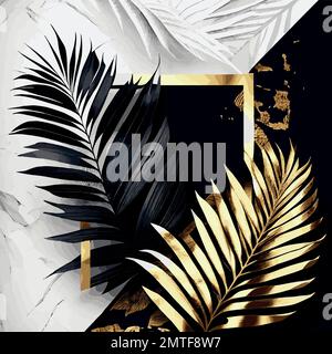 Golden palm leaves on white and black marble background, template, postcard - Vector illustration Stock Vector