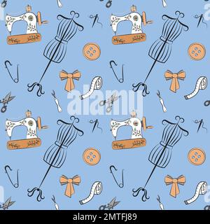Sewing pattern. Vector colorful seamless background. Mannequin, sewing machine, bow, scissors, needle illustrated elements. Various tailoring tools on Stock Vector
