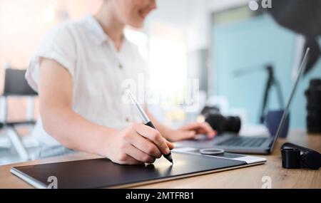 Graphic tablet, laptop or photographer hands editing photoshoot, digital art or retouching artistic photo. Photography vision, professional design pen Stock Photo