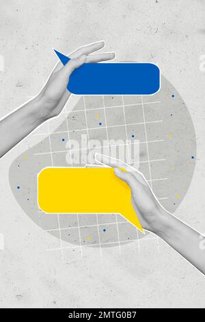 Vertical collage image of two black white colors hands hold empty space dialogue bubble communicate support ukraine isolated on drawing background Stock Photo
