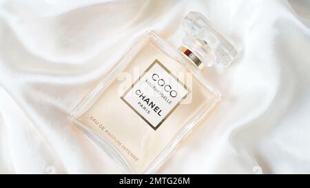 Netanya, Israel - 27 January, 2023 Allure Chanel worldwide famous French  perfume bottle on the white silk background Stock Photo - Alamy