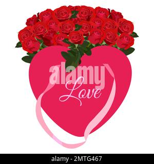 Heart shaped paper gift box with rose flowers for Valentine Day card, vector Stock Vector