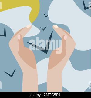 Abstract composition with human hands holding bird in cloudy sky and sun Stock Vector