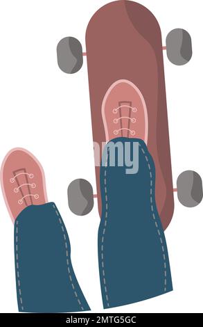 Put your foot on skateboard. Isolated summer activity patch view from top on transparent background Stock Vector