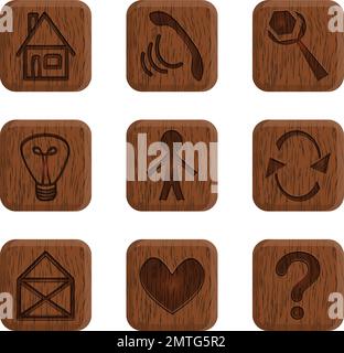 Set of minimal isolated icons drawing with gradient on wood grain texture Stock Vector