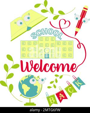 Composition with welcome back to school typography with funny eyes isolated on a transparent background Stock Vector