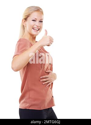 Stomach, thumbs up and woman in studio for weight loss, digestion health and wellness in portrait. Yes, ok and success hand sign of woman with gut Stock Photo